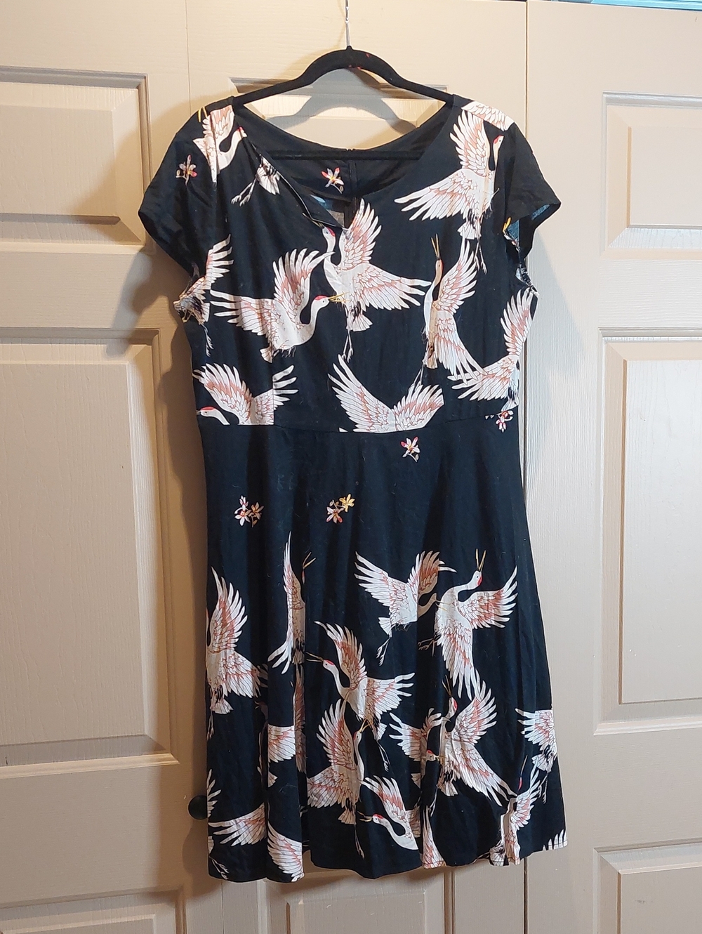 Black Dress with White Crane Print